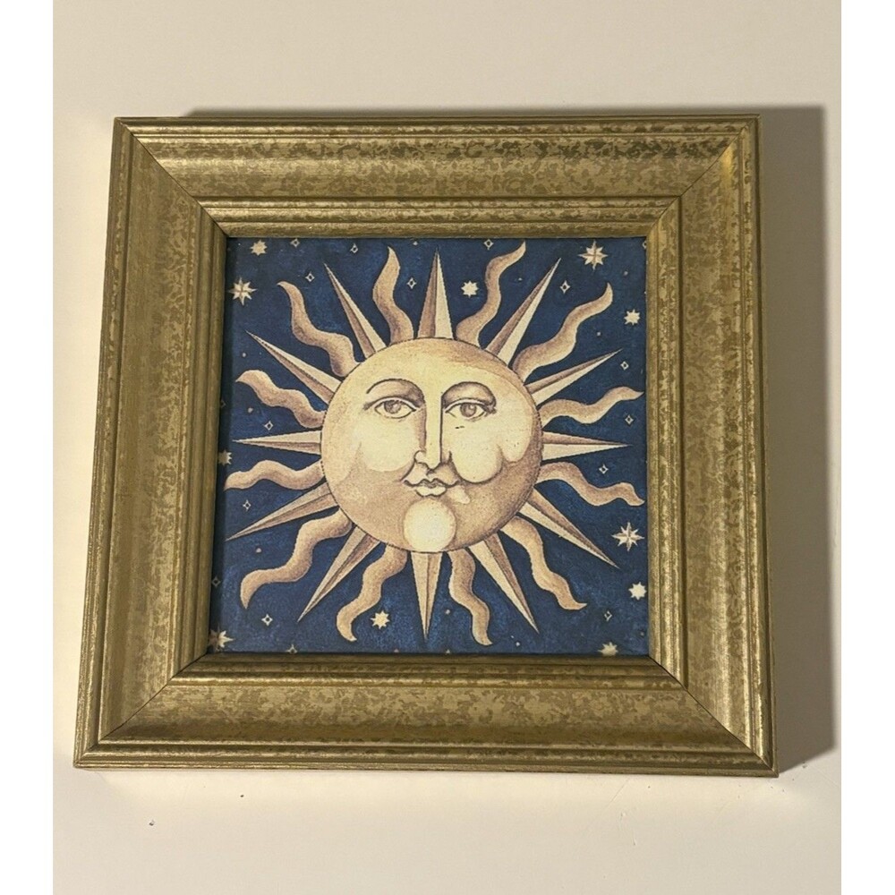 Vintage Celestial Sun Mary Beth Zeitz Y2K 1990s Framed Print Wall Art Gold Tone